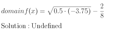The domain of f(x)=sqrt(0.5*(-3.75))-2/8 is Undefined
